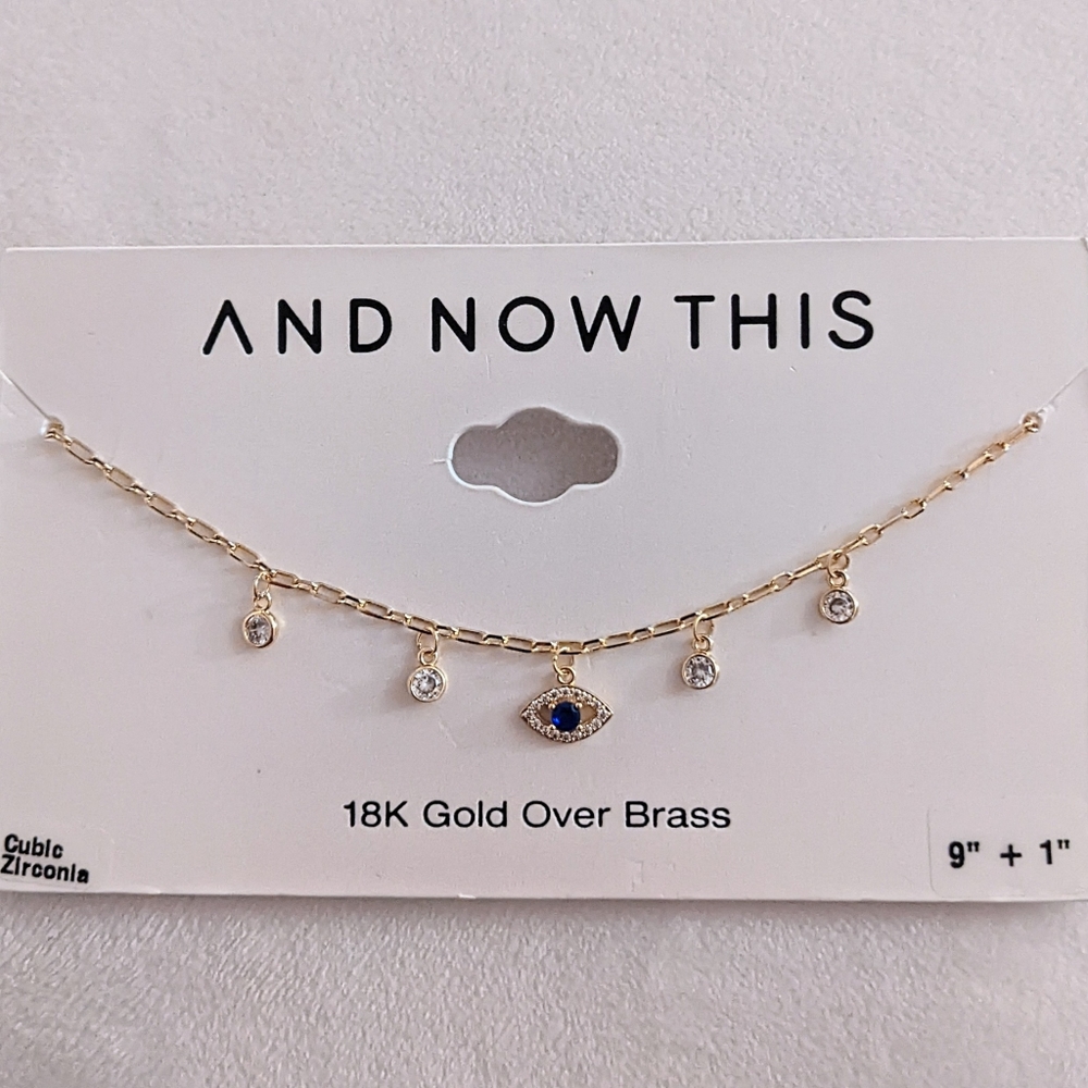 Blue Evil Eye Crystal Station Anklet 18K Gold Over Brass